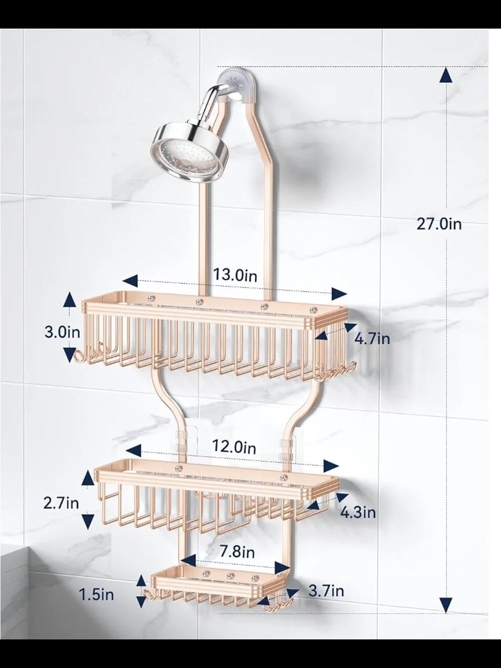 Rose Gold Shower Caddy Shelf Organizer - Wall-Mounted Bathroom Storage